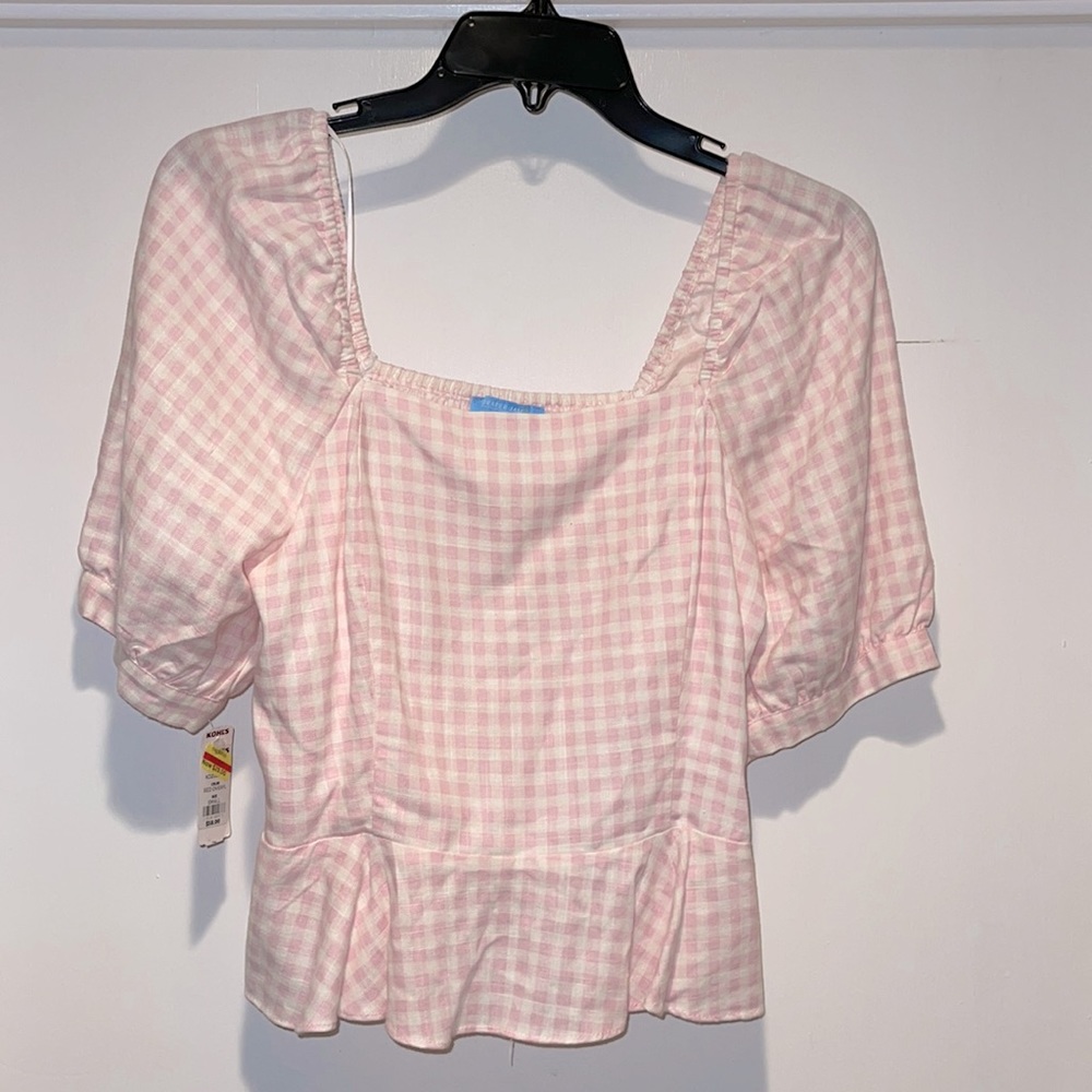 NWT Draper James Peplum Pink Checkered Blouse